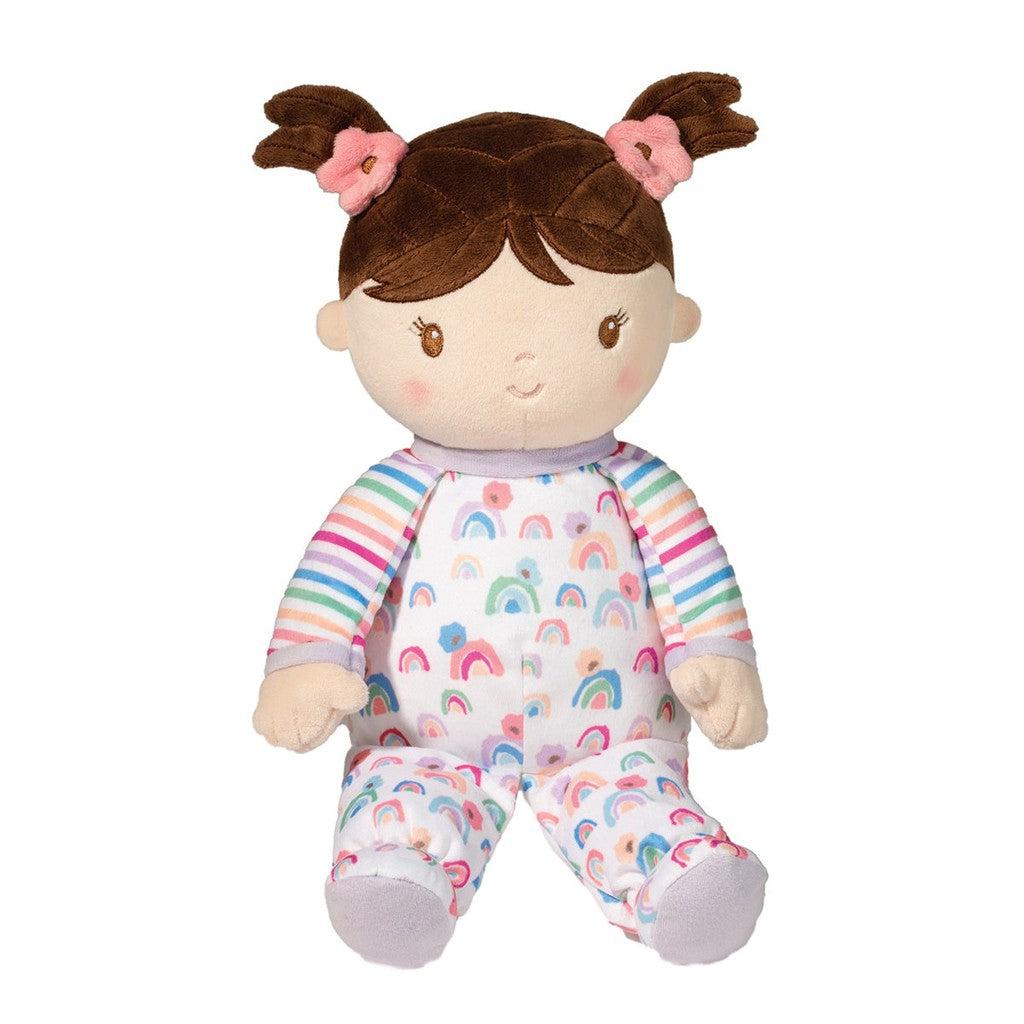 image shows a girl doll with pink flower hair ties and rainbow clothes