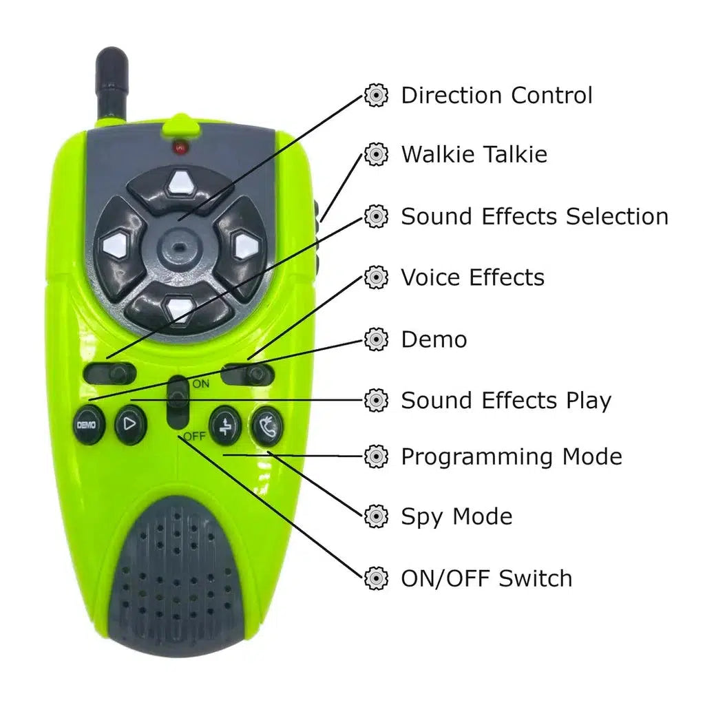 the walkie talkie is a remote conrol that can change sound effecrs, and has a programming mode and a spy mode to lurk about