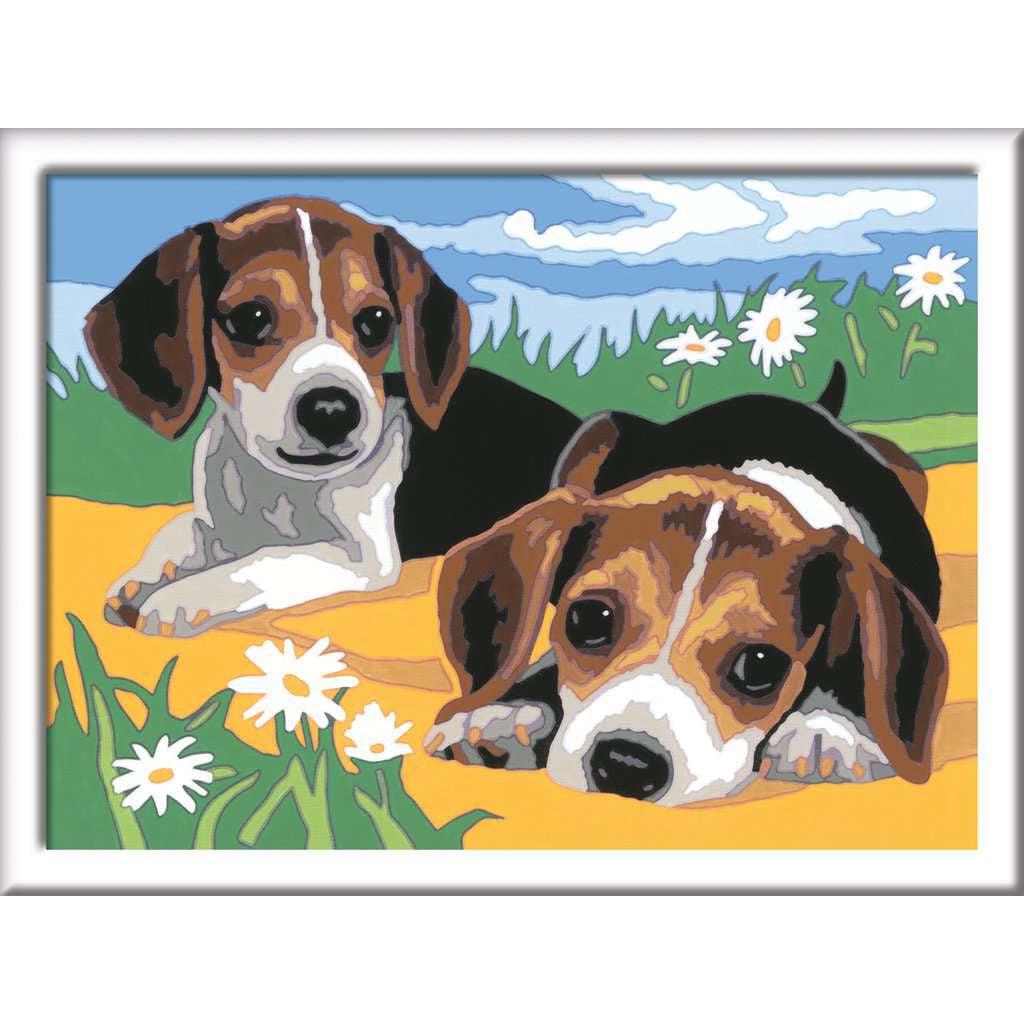 a finished painting of the two puppied having a wonderful day in the sun. both are enjoying their time outside in the sun