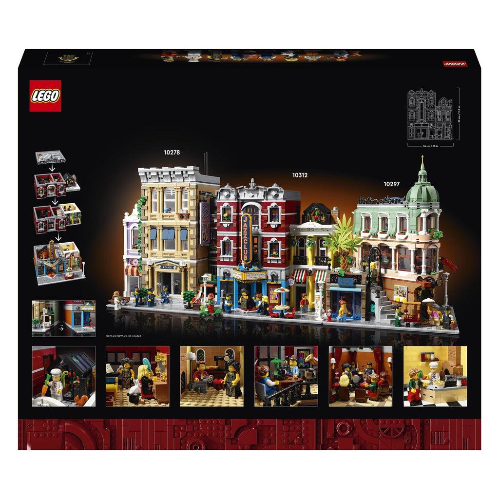 Image of the back of the box. It shows two other Modular City sets that could connect to the jazz club. Their set codes are 10278 and 10297. On the bottom are smaller pictures of elements of interest inside and outside of the building.
