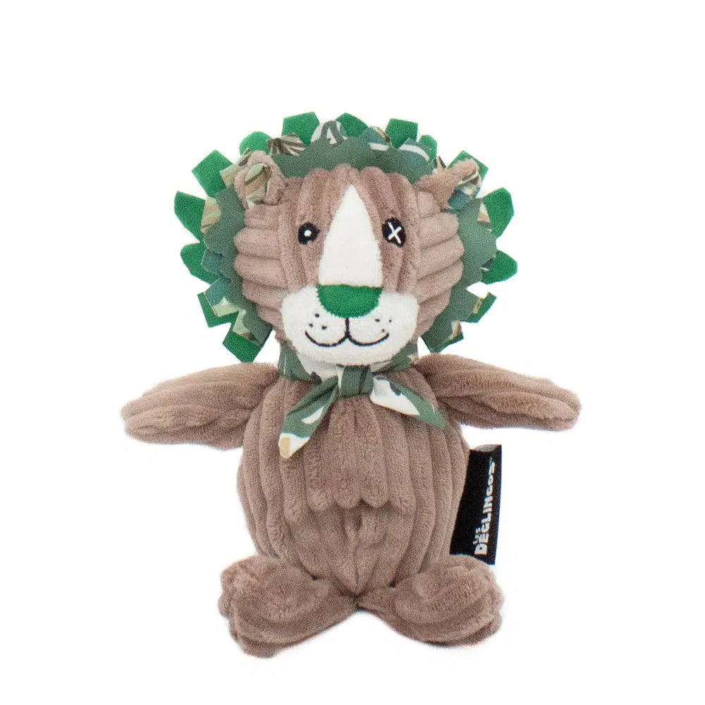 Image of the Jelekros the Lion plush. It has a grey-brown body with a green mane, nose, and neck tie.