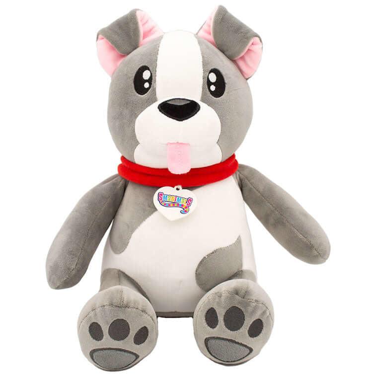 Image of the Jelly Bean Smanimals Dog plush. It is a white and grey spotted dog with a red collar and pink inside of the ears..