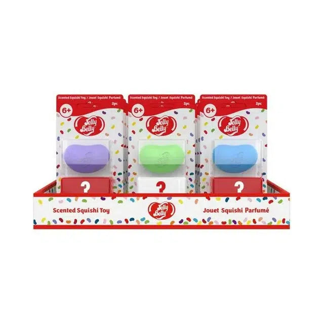 image shows 3 sets of the Jelly Belly squishy bean. there are 12 different scented colors