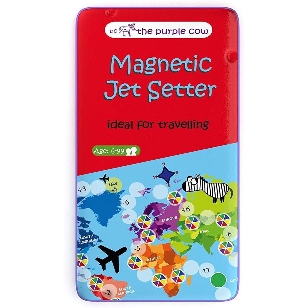 Image of the tin for the Jet Setter TO GO game. On the front is a colorful map of the world with a game board on top of it.