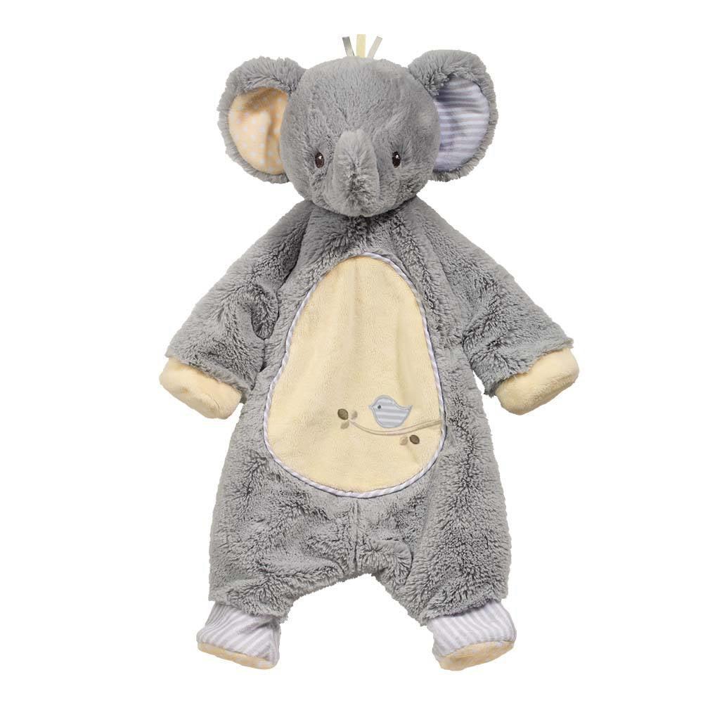 this image shows a grey elephant with one ear cream coored and another ear blue and white stripes. the elephant is lightly stuffet to make him more floppy and blanket like