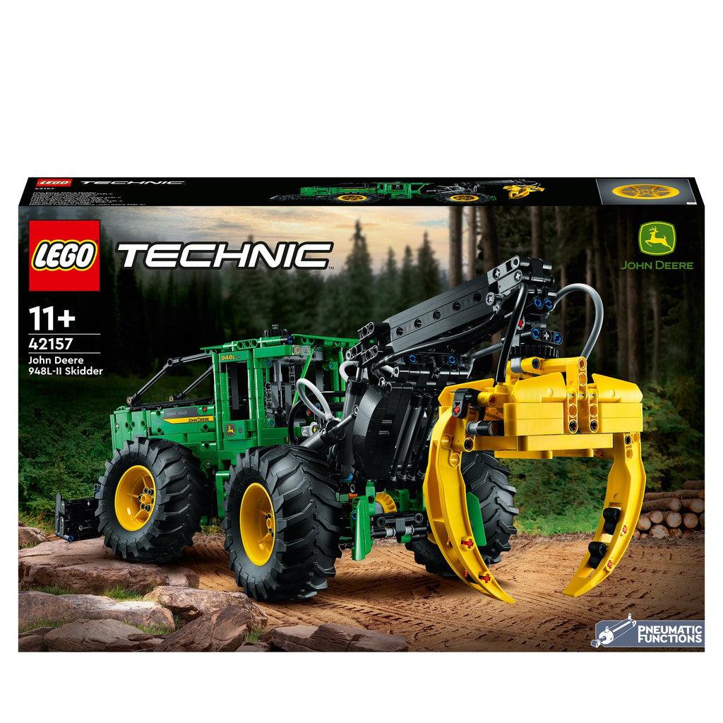 the image shows the front box for the LEGO Technic John Deere 948L-II Skidder. its a green 4 wheeler with a large crane attached to the front. 