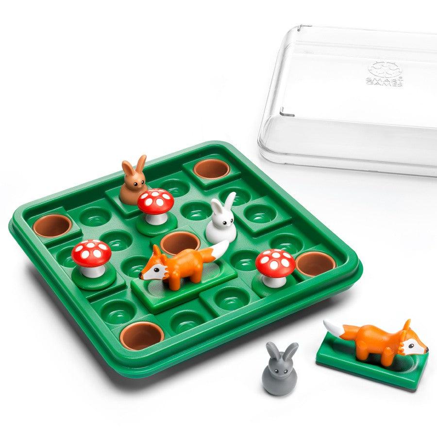 image shows the game jump in. there are rabbits, foxes and mushrooms on a green stage. 