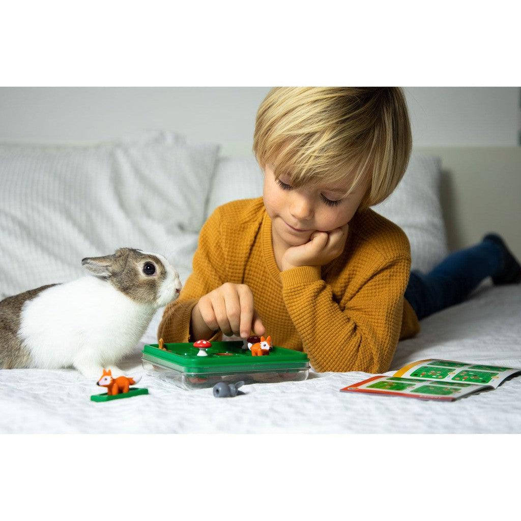 image shows a child and a pet rabbit playing the jump in puzzle game