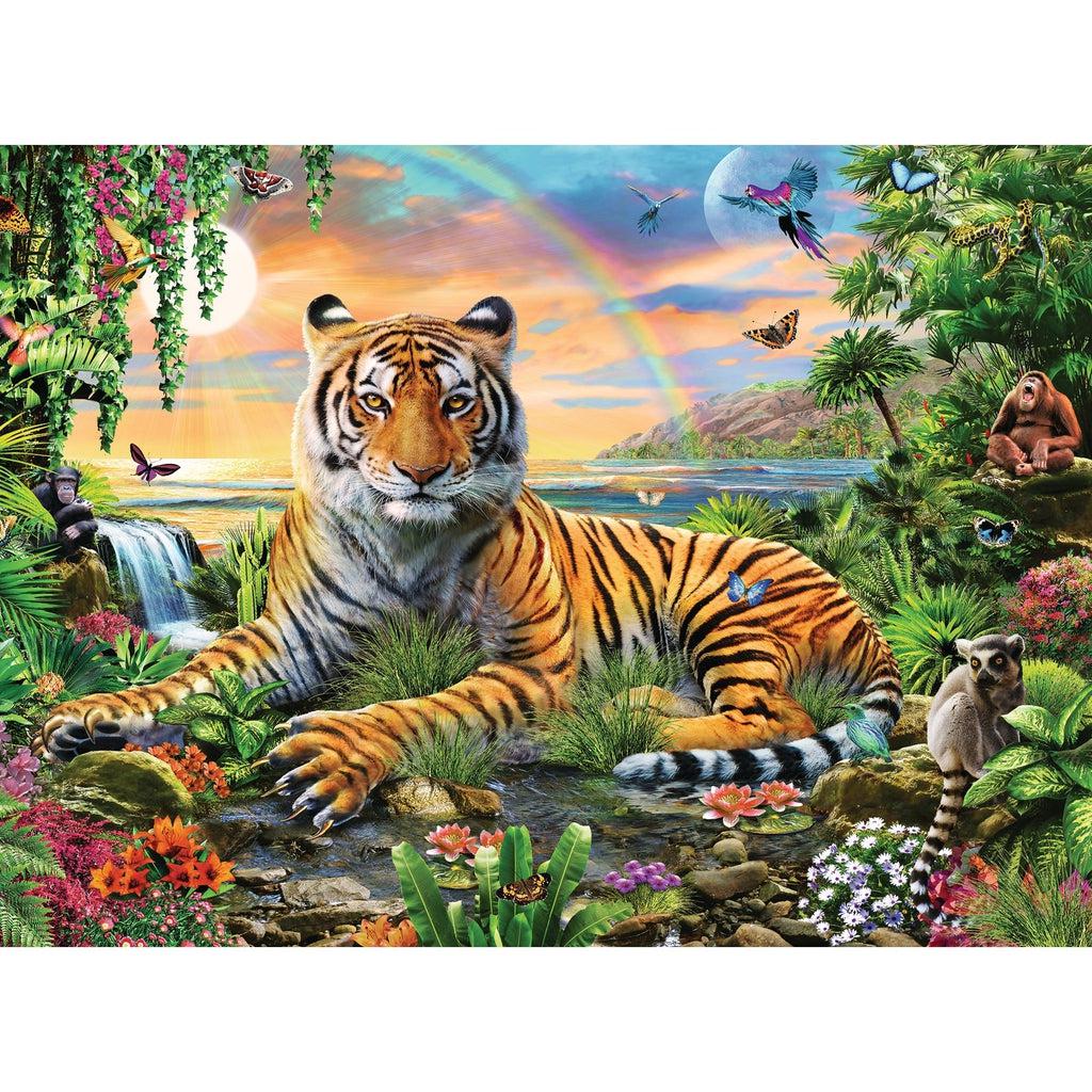 Image of the finished puzzle. It is a scene of a tiger luxuriously lounging in the jungle with lots of animals and a sunset in the background.