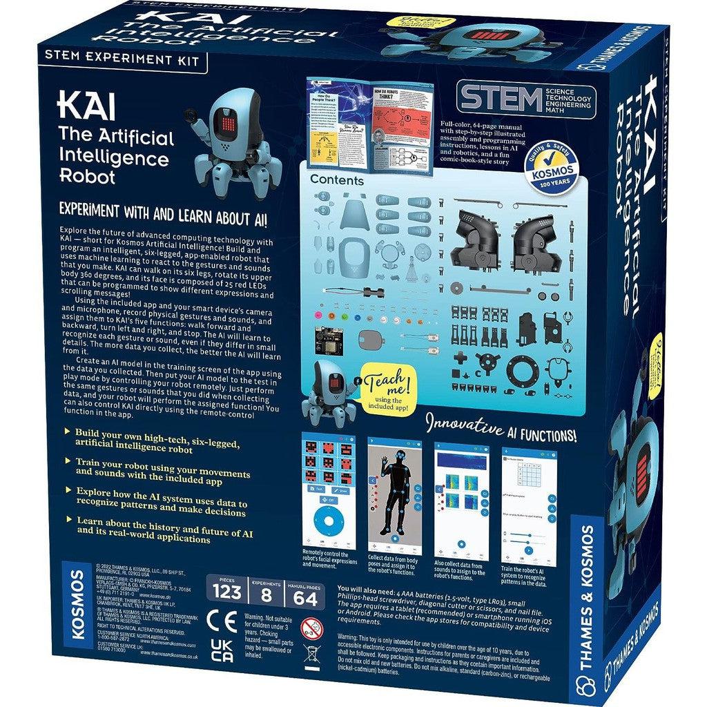 expieriment and learn about ai with Kai as you assemble the robot!. the image shows the back of the box with instructions on building and the app