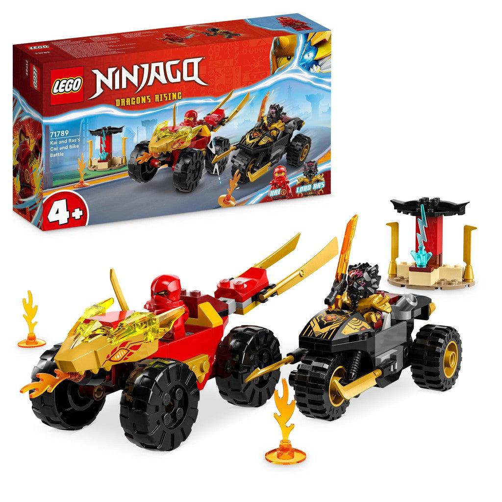 the image shows the box and eyecater for the LEGO Ninjago car and bike battle. there is a LEGO car and a LEGO bike with flames and LEGO weapons attached for a high stakes race battle. 
