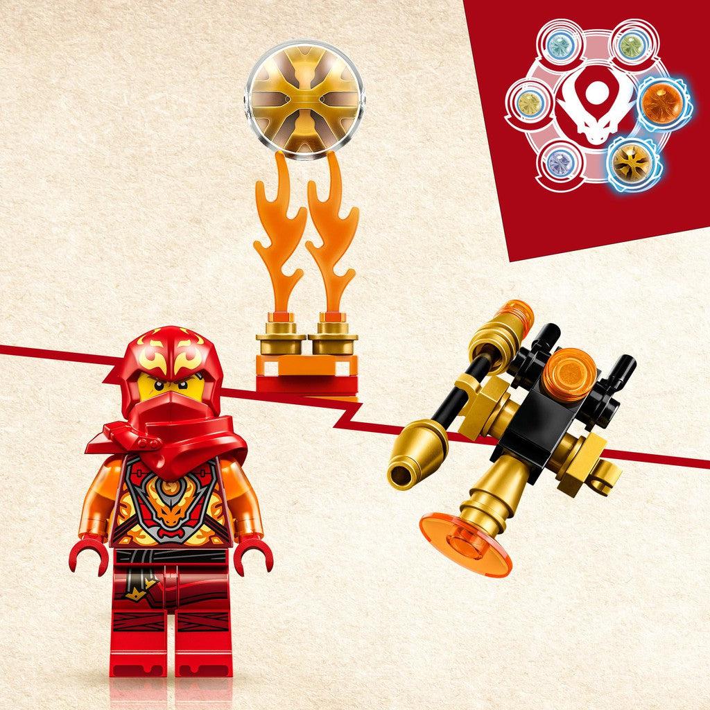 comes with accessories for LEGO ninjago and a kai character