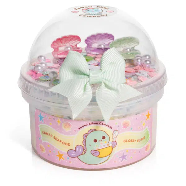 Image of the Kawaii Seafood Glossy Semi-Floam Slime in its packaging. It comes in two interlocking containers with one holding the slime and the other holding the included charms.