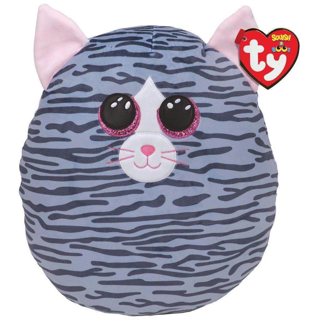 Image of the Kiki the Cat Squish-A-Boo plush. It is a grey car with darker grey stripes. It has light pink ears and glittery pink eyes.