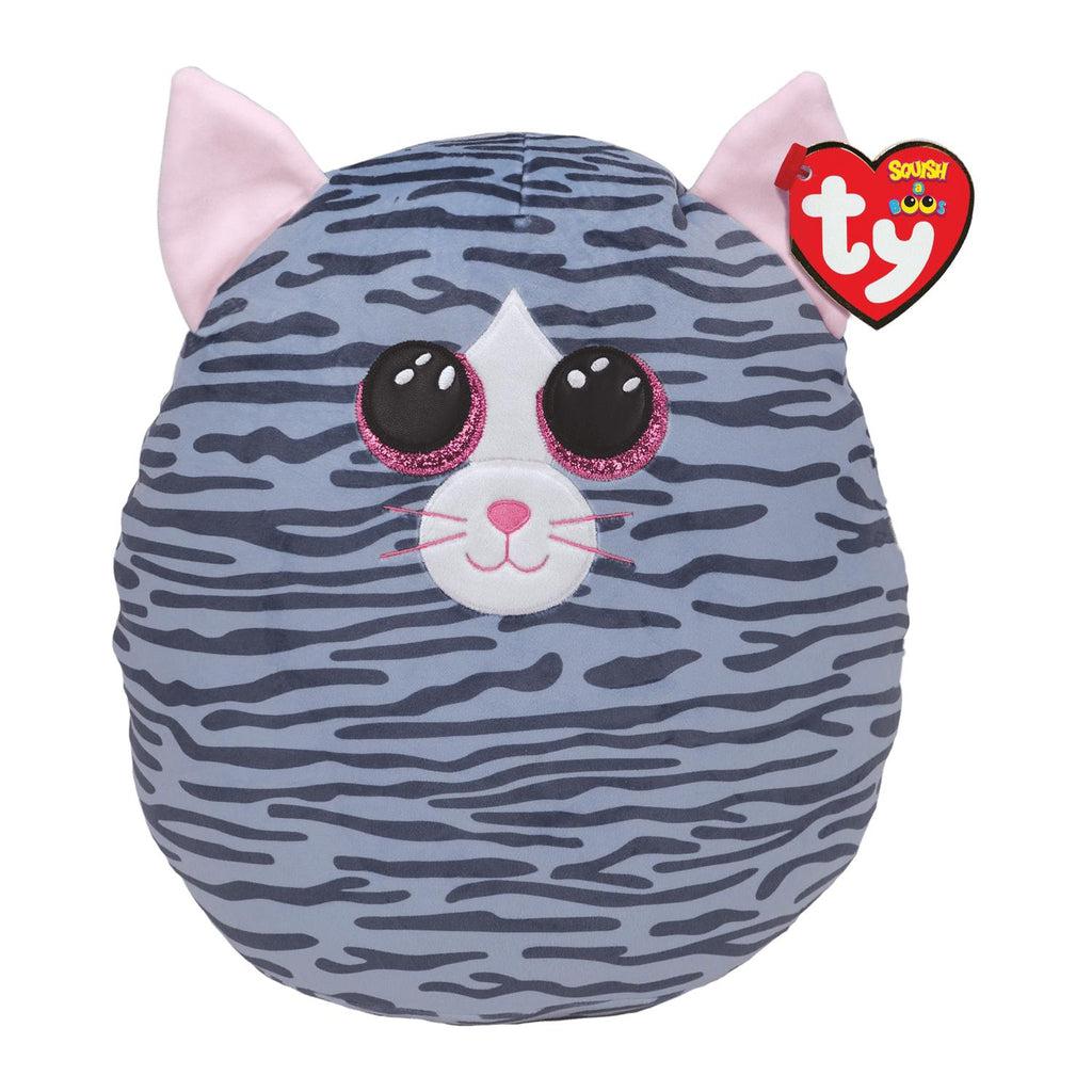 Image of the Kiki the Cat Squish-A-Boo plush. It is a grey car with darker grey stripes. It has light pink ears and glittery pink eyes.