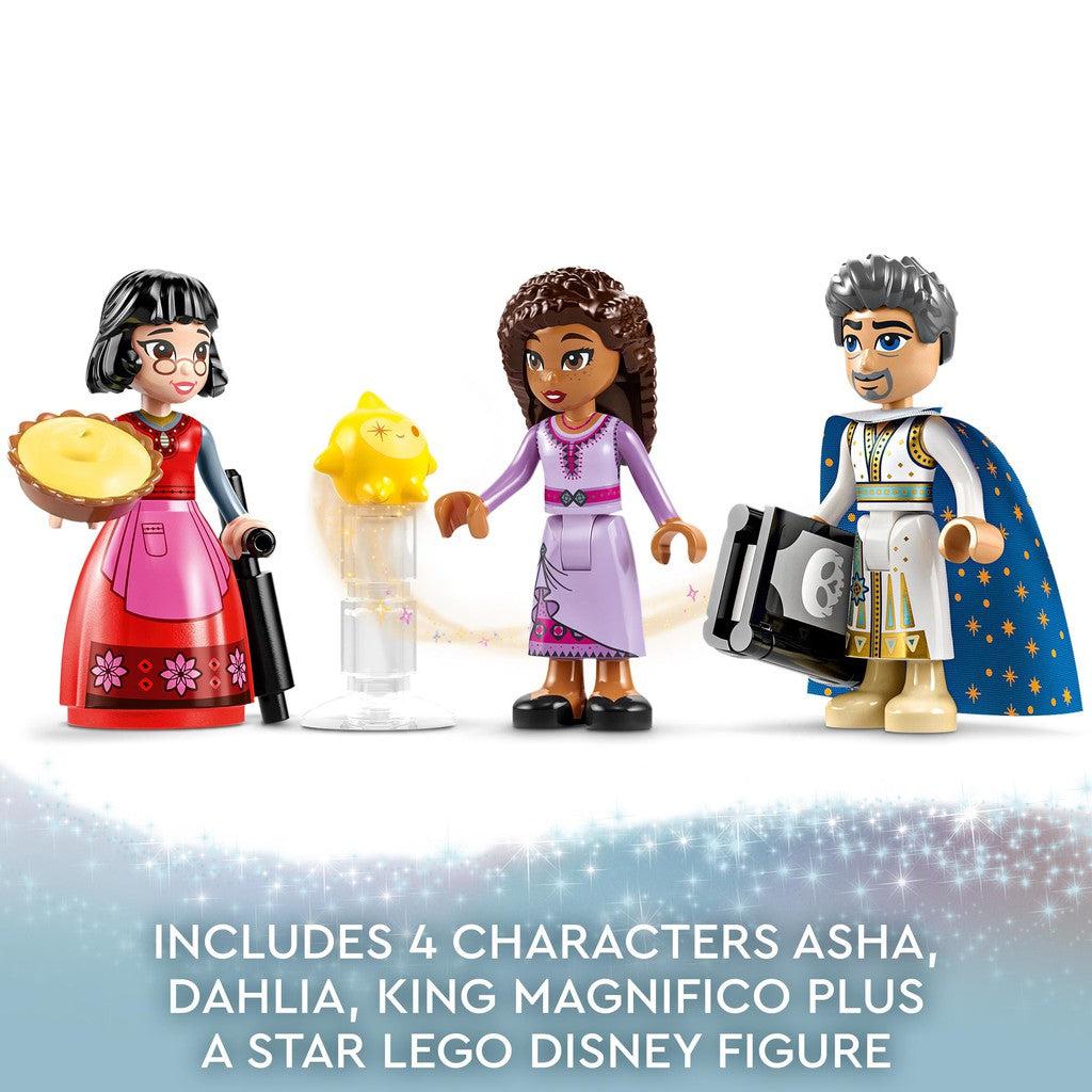 includes 4 characrters Asha, DAhlia, King Magnifico plus a star LEGO Disney figure 