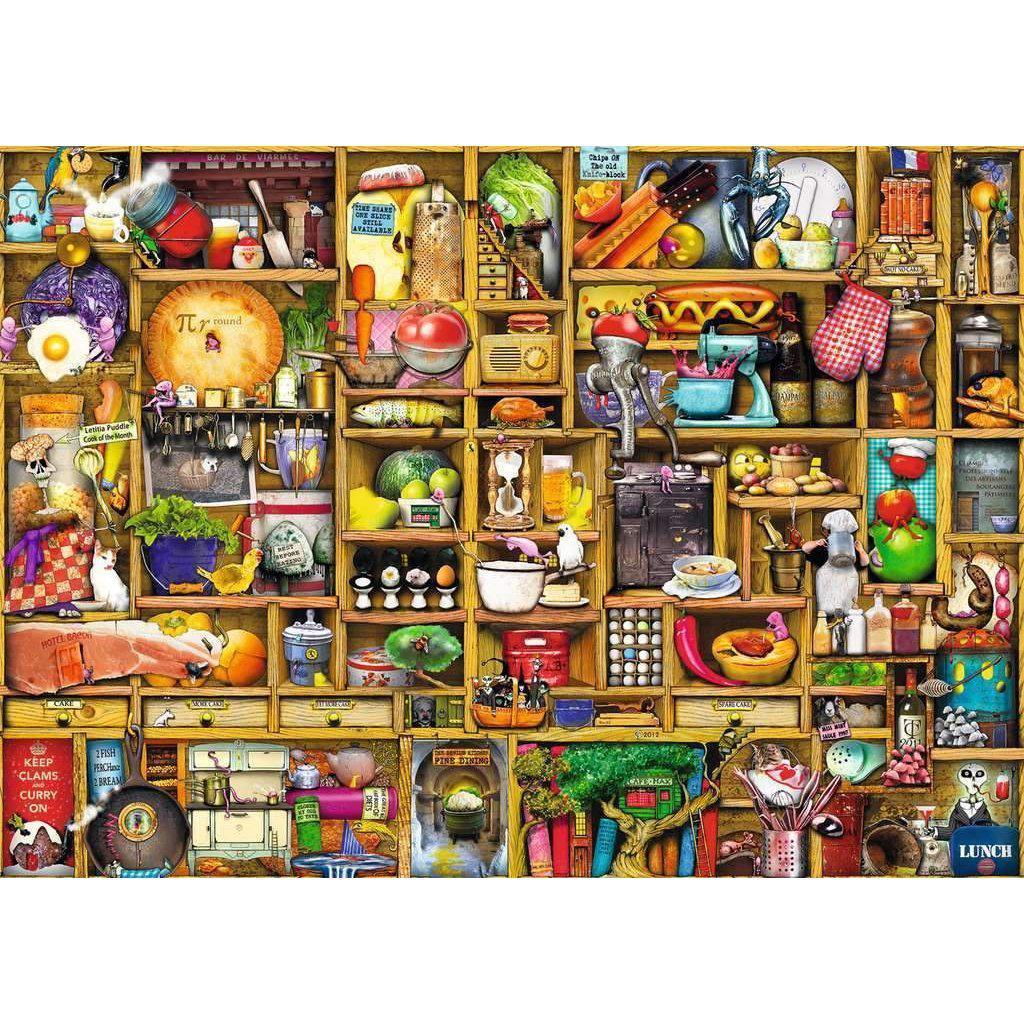 Image of the finished puzzle. The picture is a detailed illustraion of a kitchen cupboard filled to the brim with lots of different foods, tools, and other objects. Its like a scavenger hunt!
