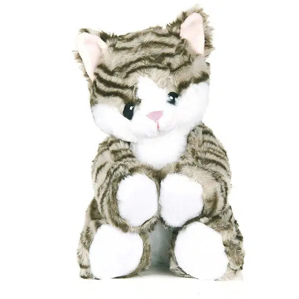 Image of the Kitten Warm Pal plush. It is a grey striped kitten with a white belly and face.