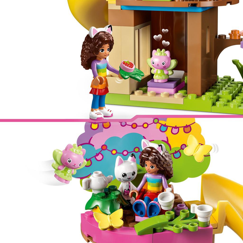 image shows three characters of gabby, a cat, and a cat fairy having fun in a tree house and there are LEGO teacups