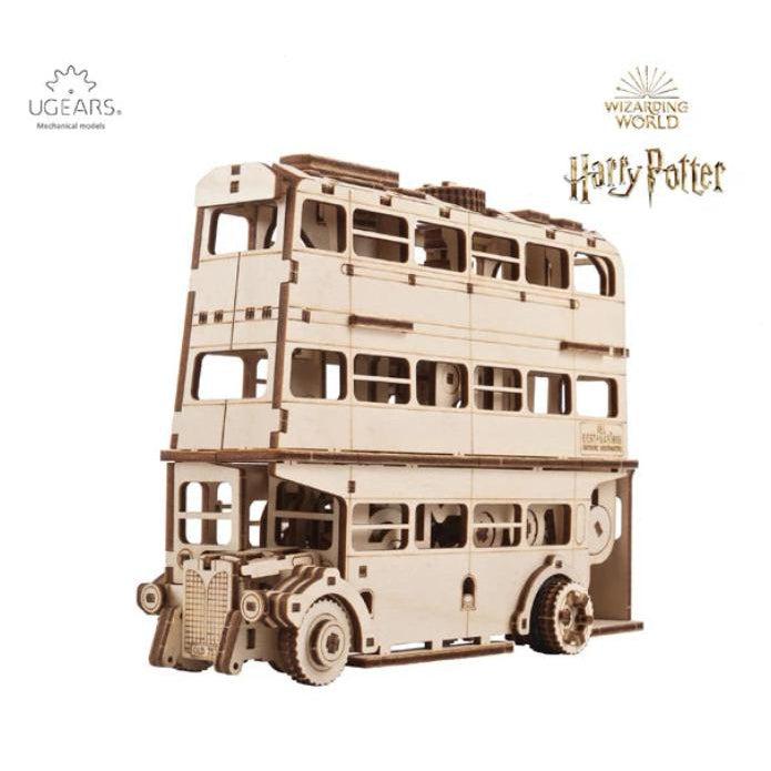 Image of the Knight Bus model. It is a unpainted wood model of the famous triple-decker bus from Harry Potter. It has lots of detail on the inside and the outside of the bus.