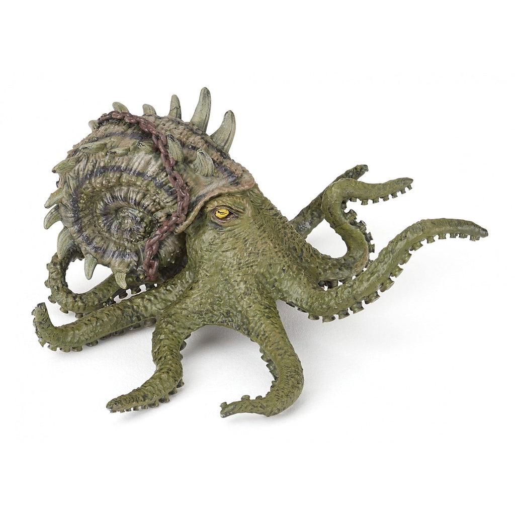 Image of the Kraken figurine. It is a green monster with a head that is curled to look like a snail shell. It has eight tenticles like an octopus.