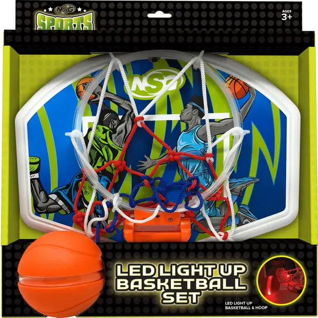 this image shows the box the basketball set comes in, there is a foam ball and teh hoop can light up