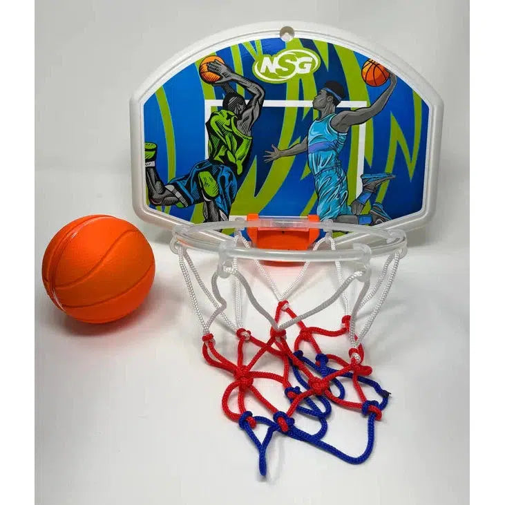 this image shows the hoop and ball that come with the set, the ball looks like its foam