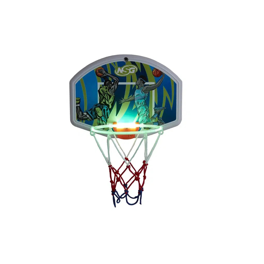 this image shows the basketball led light up hoop and art on the backboard. 