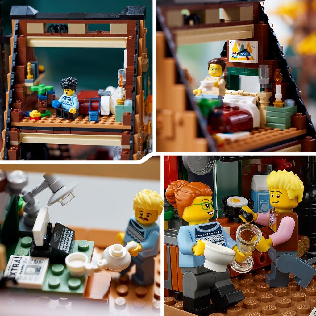 4 images showing the included minifigures doing various activities in various rooms of the cabin.
