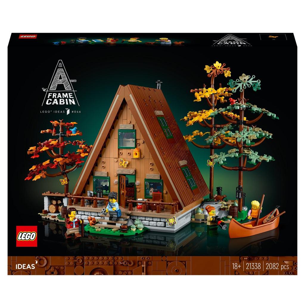 front of the box shows an A frame cabin with a deck and 3 trees, all made out of lego. There are also 4 minifigures and a canoe 
