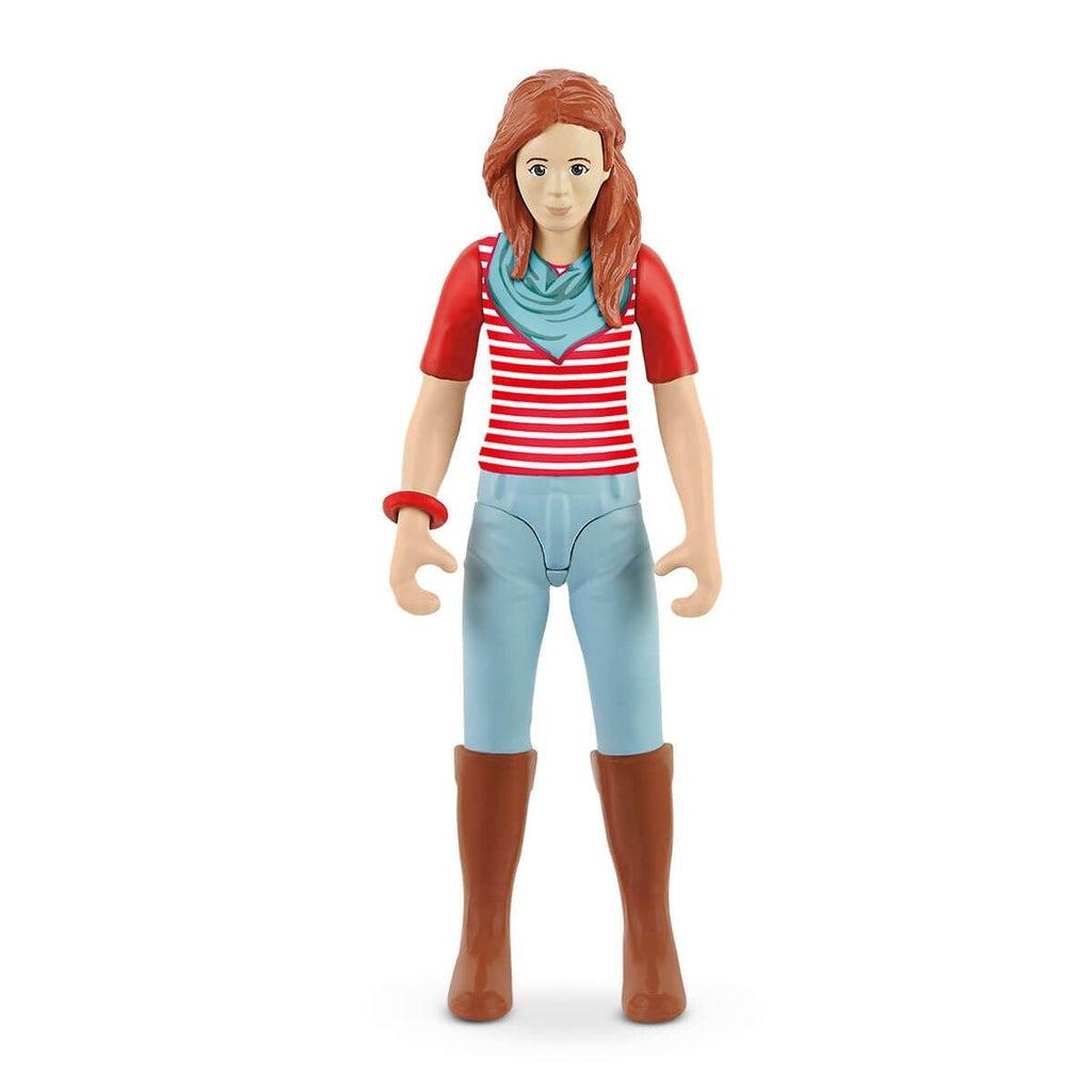 Close up of one of the figures. She has red hair, a white and red striped shirt, light blue pants, and long brown rain boots. 