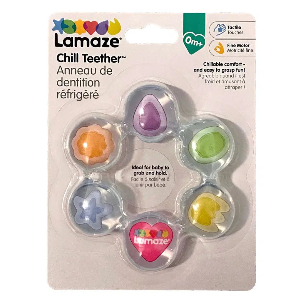 Image of the Lamaze Chill Water Teether. The toy is  a connected ring of circles filled with water. There are 6 different spheres with different shapes inside. They include a red heart, a yellow crown, a green oval, a purple tear drop, an orange flower, and a blue star.