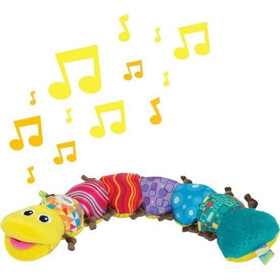 Image of the toy outside of the packaging. The toy has eight segments colored as a rainbow starting with yellow for the head. Each segment has a different patterned fabric.