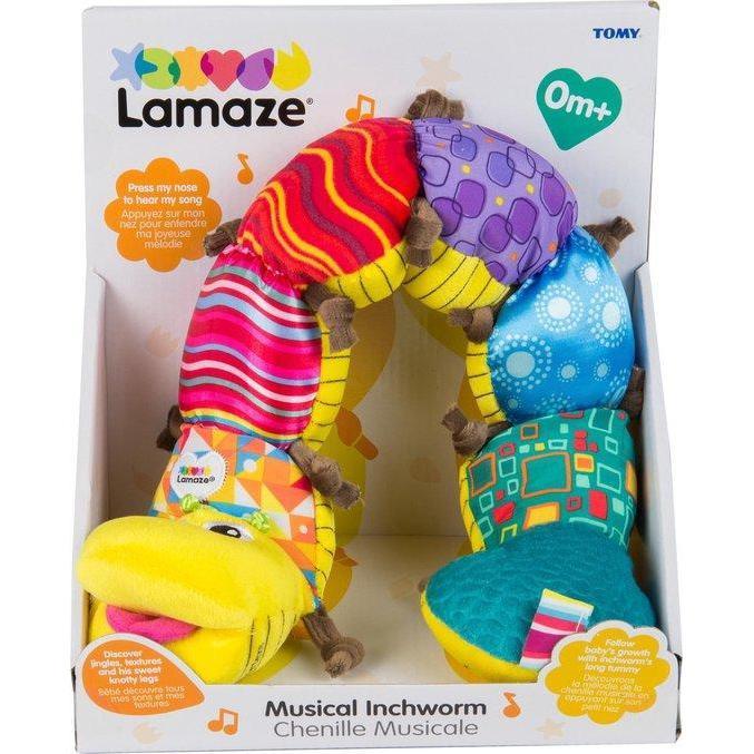 Image of the packaging for the Lamaze Musical Inchworm. Most of the front is cut away so you can see and touch the toy.