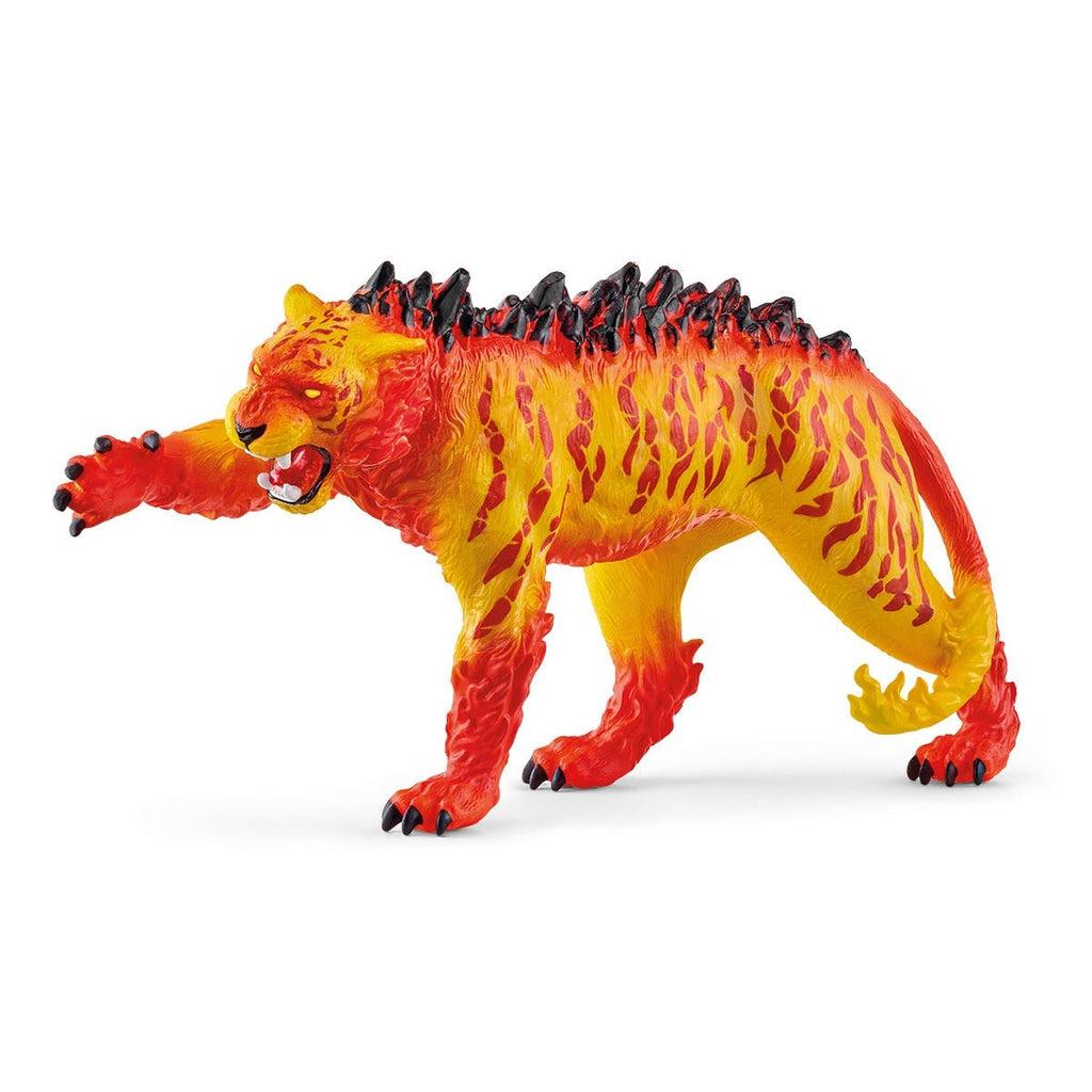 Image of the Lava Tiger figurine. It is a yellow and red tiger with flames everywhere. On his back are black charred rocks.