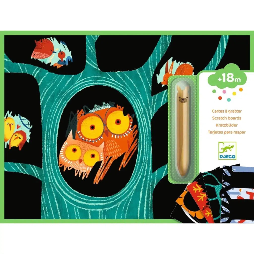 Image of the packaging for the Learning About Animals Scratch Cards art kit. On the front is a picture of a half competed craft.