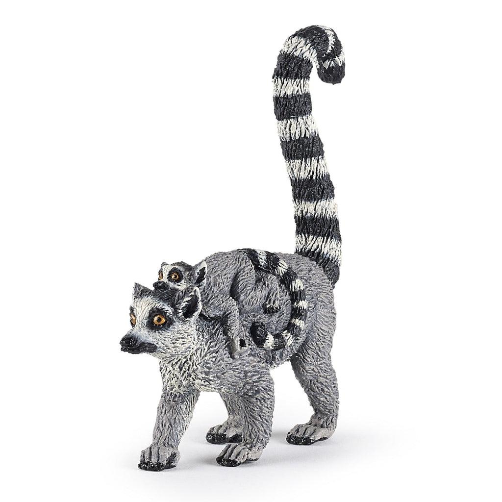 Image of the Lemur and Baby figurine. It is a grey ring tailed lemur with a baby laying on its back.