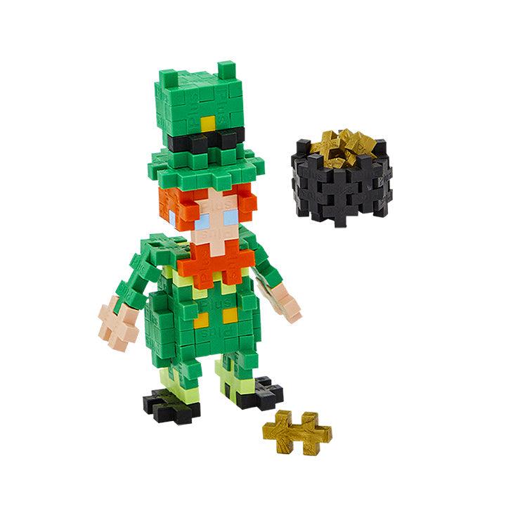 the Plus Plus leprechaun  is green and has a pot of gold