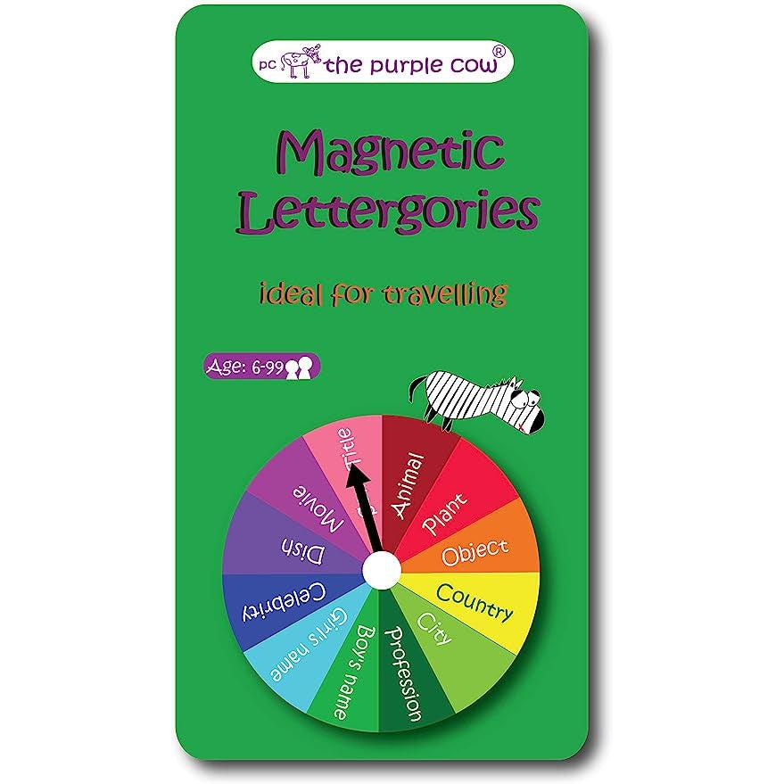 Image of the tin for the Lettergories TO GO game. On the front is a picture of a spinner with different categories and a cartoon zebra.