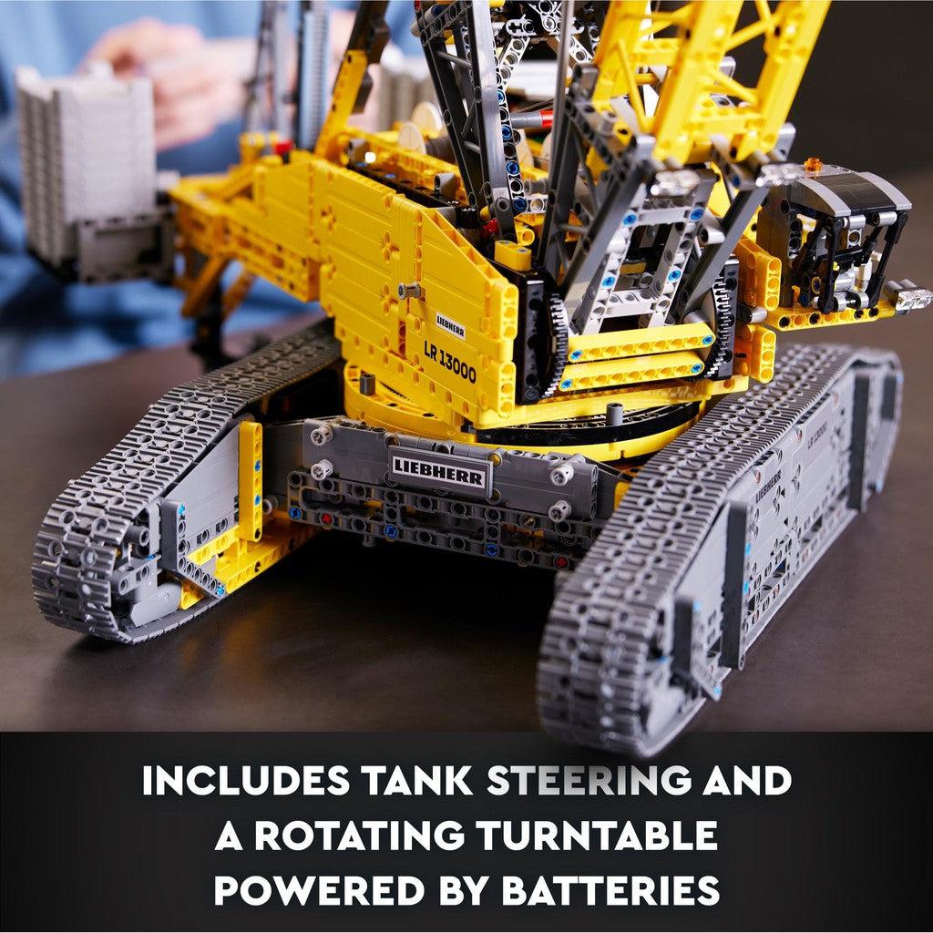 includes tank steering and a rotating turntable powered by batteries. 