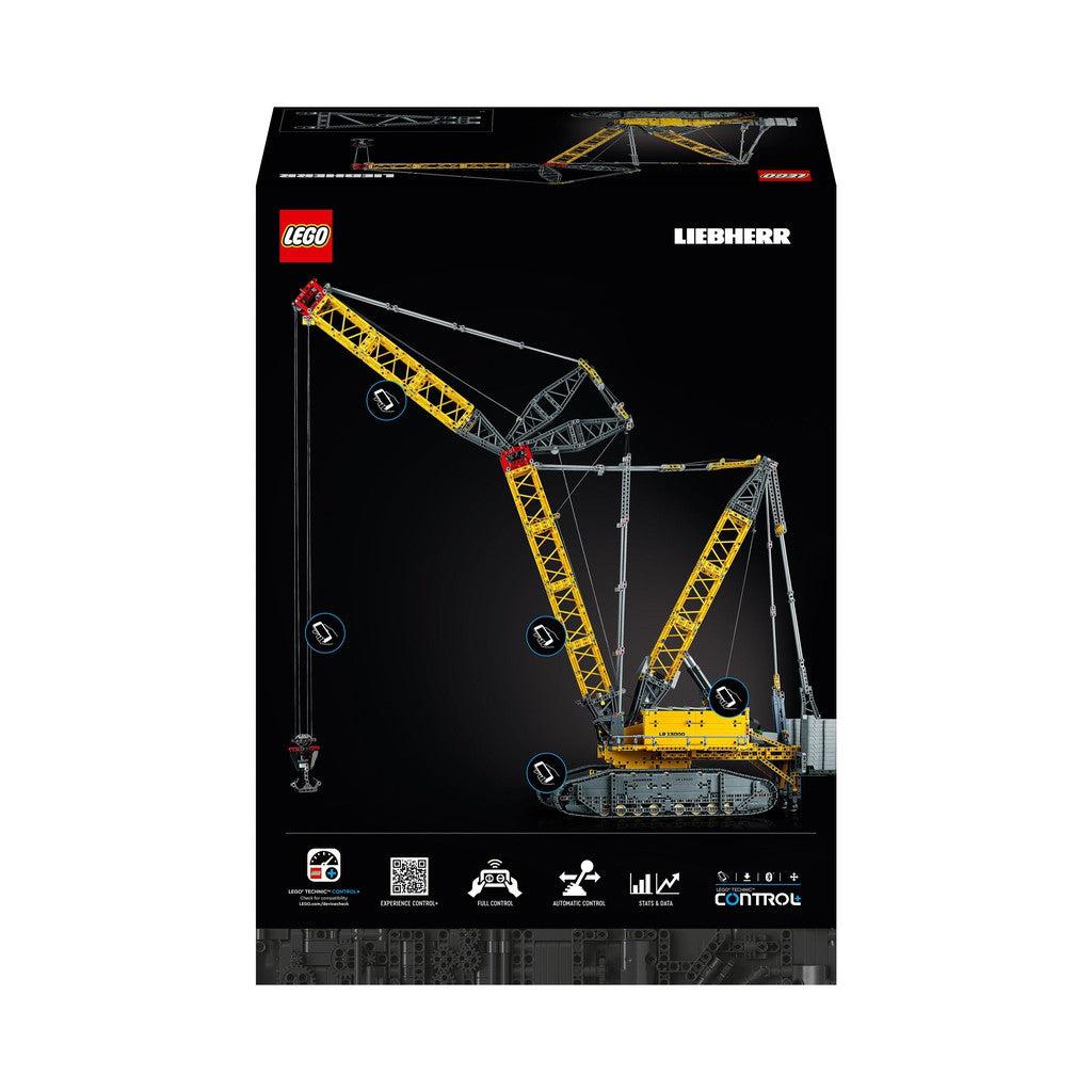 image shows teh back of the LEGO box with the LEGO crane extended upwards.