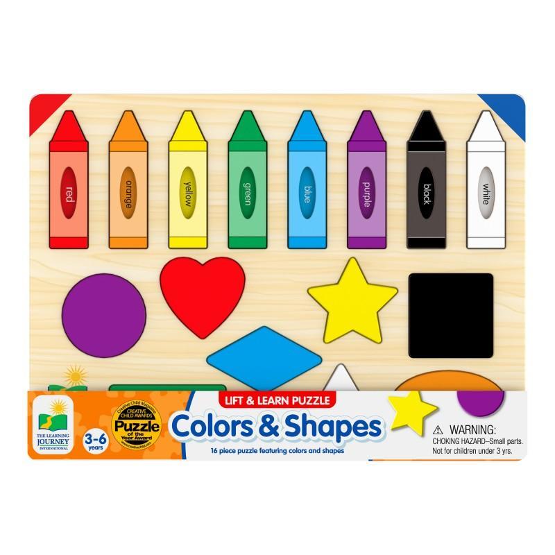 Image of the wooden learning puzzle. It teaches a child shapes and colors with differently shaped puzzle pieces and differently colored crayons. The crayon puzzle pieces have holes in the center so you can see the names of the colors from the wooden base through to the front.