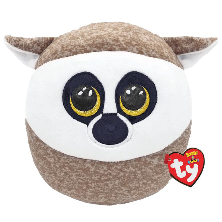 Image of the Linus Squish-A-Boo plush. It is brown and white colored with yellow embroidered eyes.
