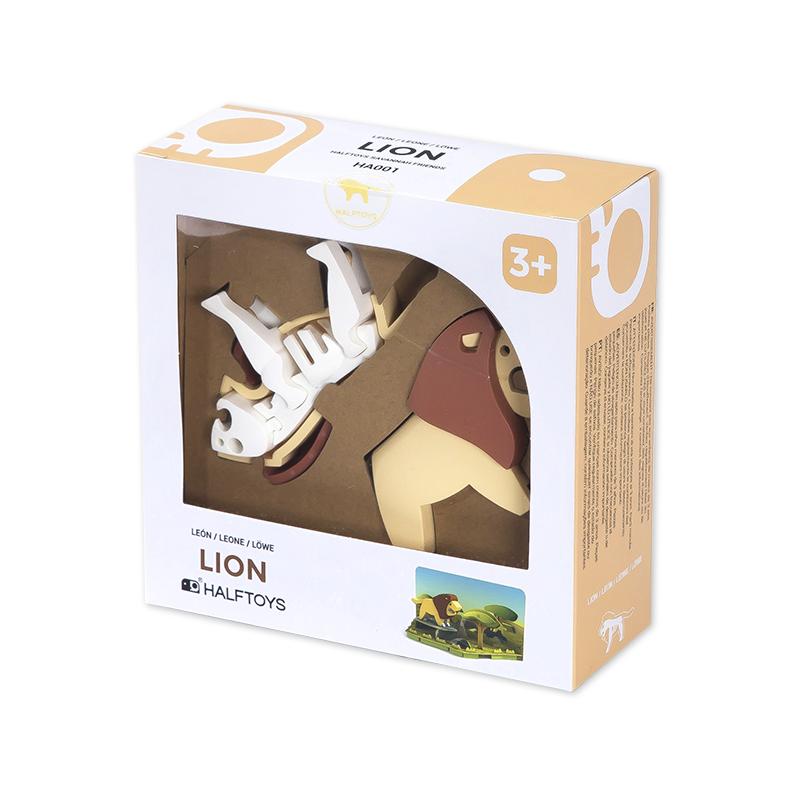 Image of the packaging for the Lion and Savanna Scene figurine toy. Part of the front is made from clear plastic so you can see the figurine inside.