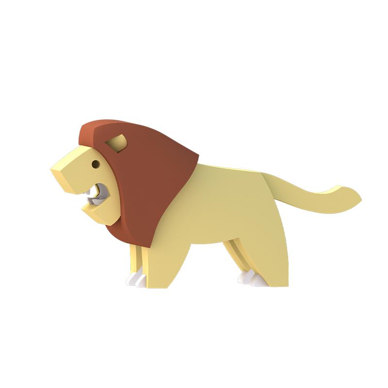 Image of the Lion figurine. It is a light yellow geometric male lion with a sleek brown mane. Its mouth is slightly open so you can see sharp teeth inside.