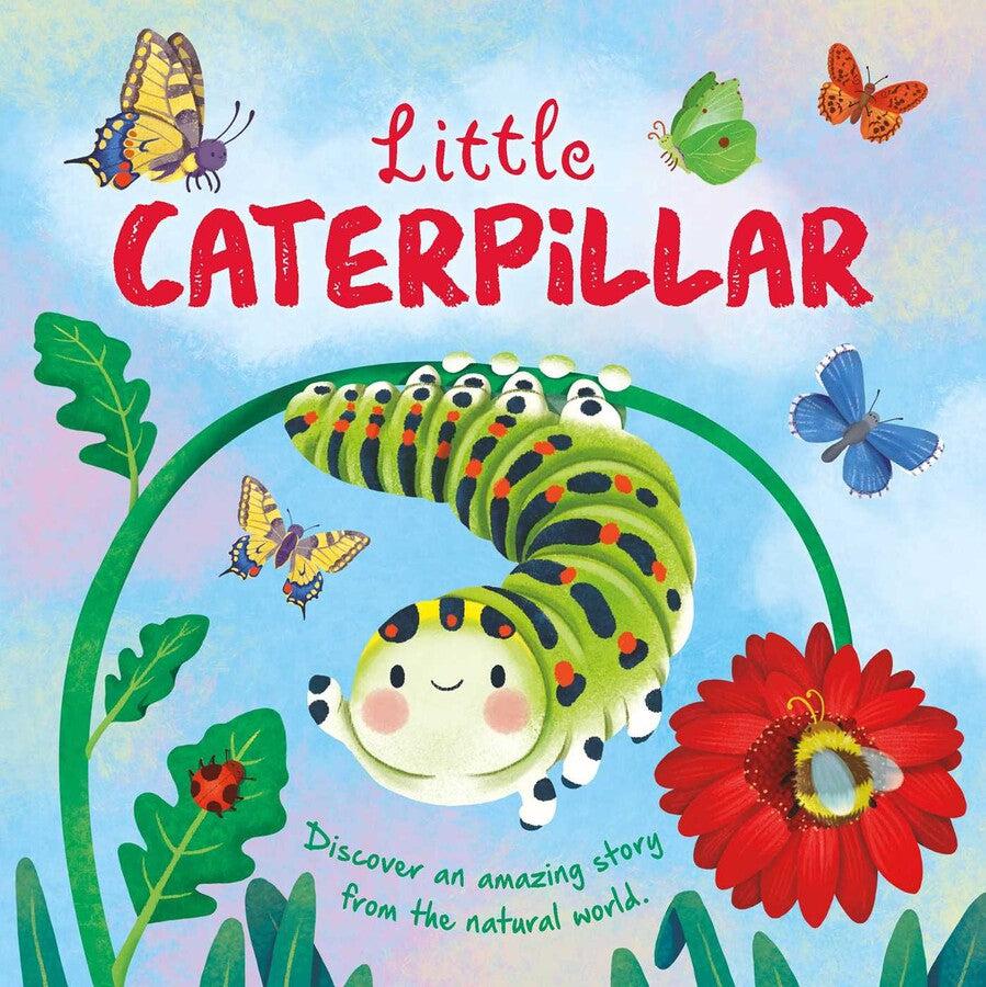 Image of the cover for the Little Caterpillar book. On the front is a cartoon illustration of a happy caterpillar hanging from a flower stem.