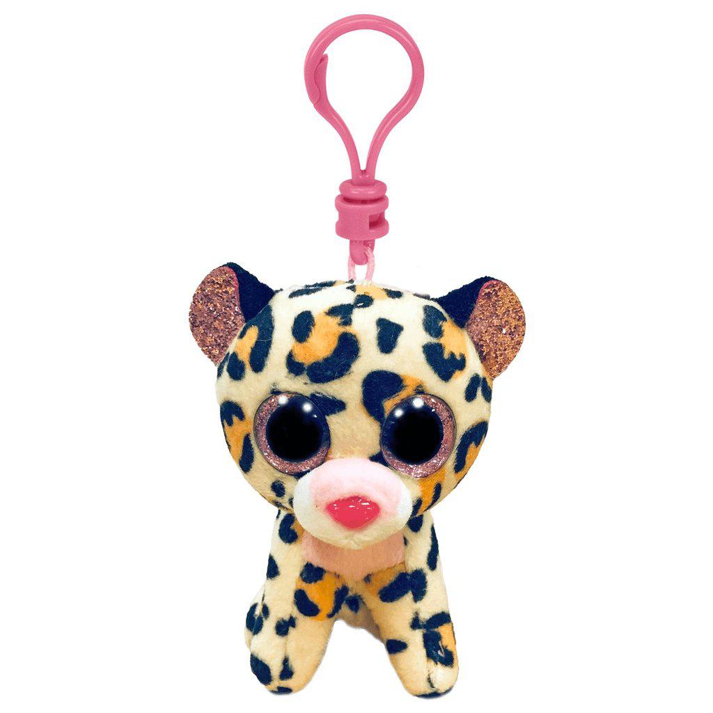 Image of the Livvie the Leopard Clip plush. It is a regularly patterned and colored leopard with pink sparkly eyes and ears.