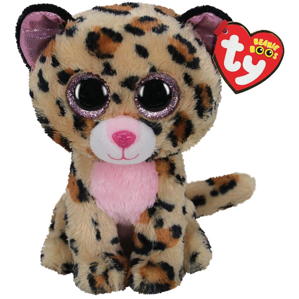 Image of the Livvie the Leopard plush. It has fur like a normal leopard but she has a pink fur belly and sparkly pink ears and eyes.