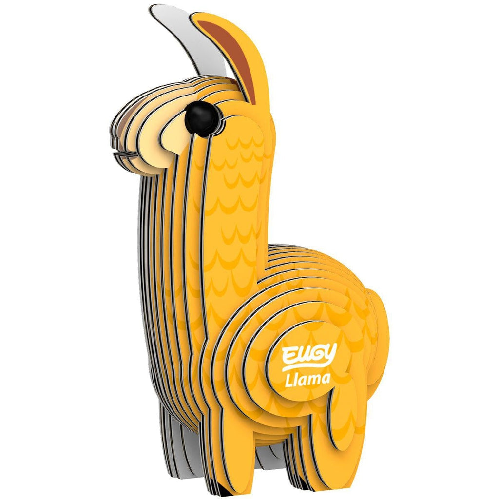 Image of the fully built model. The llama is yellow with long ears and short legs. It has fur detail printed on the layers.