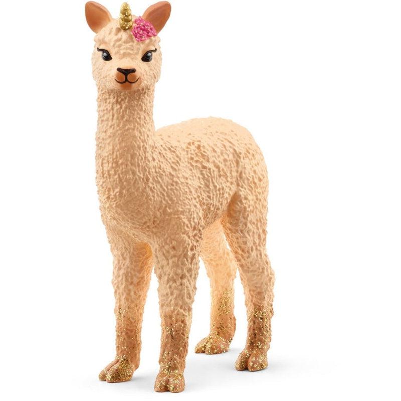 Image of the Llama Unicorn Foal figurine. It is a tan llama with a gold unicorn horn.